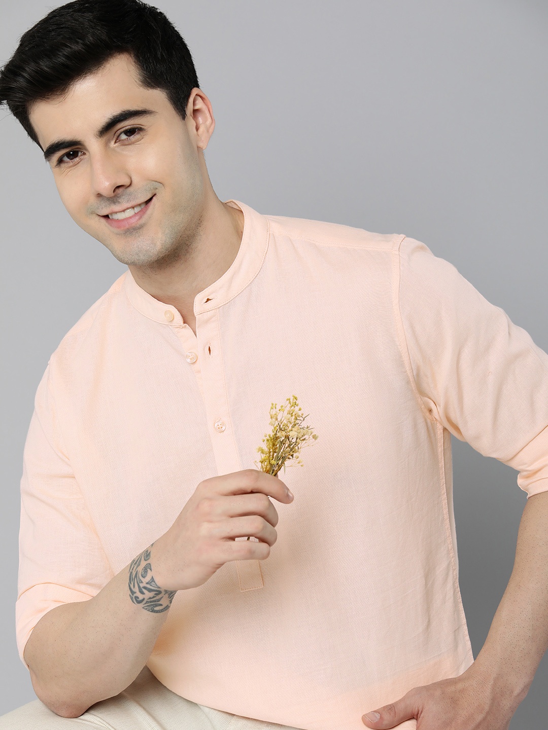 

Mast & Harbour Men Band Collar Solid Cotton Linen Casual Shirt, Peach