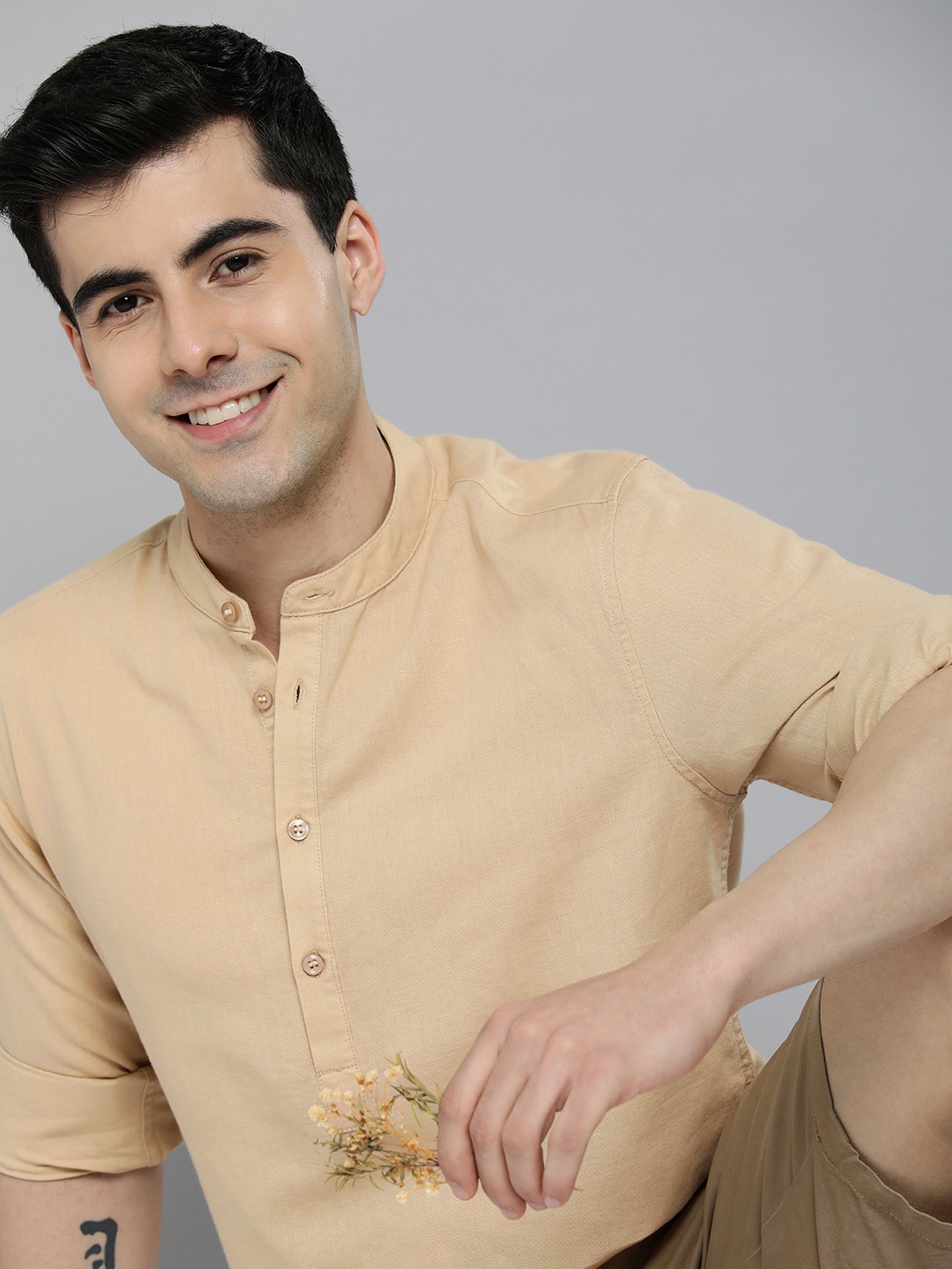 

Mast & Harbour Men Band Collar Solid Cotton Linen Casual Shirt, Beige