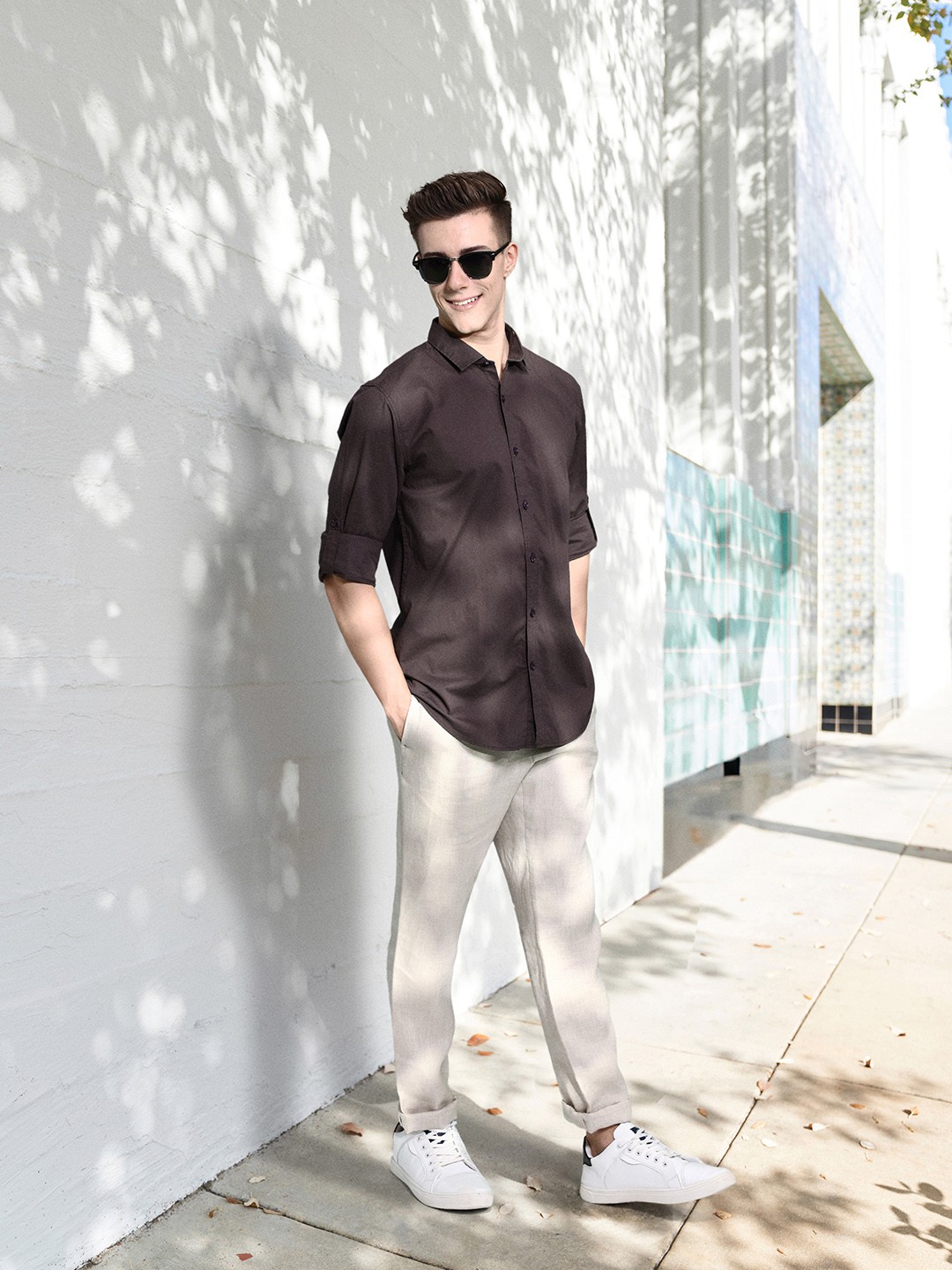 

Mast & Harbour Solid Regular Fit Roll-Up Sleeves Casual Shirt, Brown