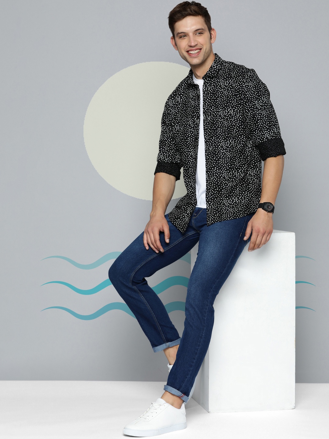 

Mast & Harbour Cutaway Collar Geometric Printed Casual Shirt, Black