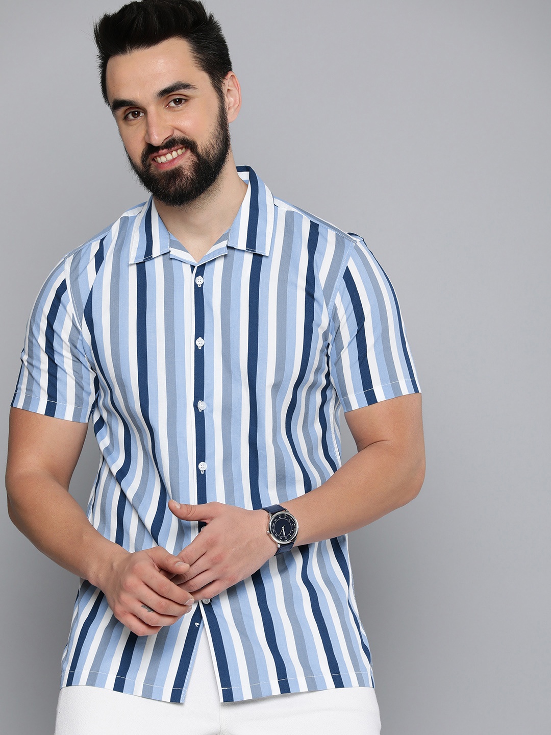 

Mast & Harbour Pure Cotton Vertical Striped Cuban Collar Casual Shirt, Blue