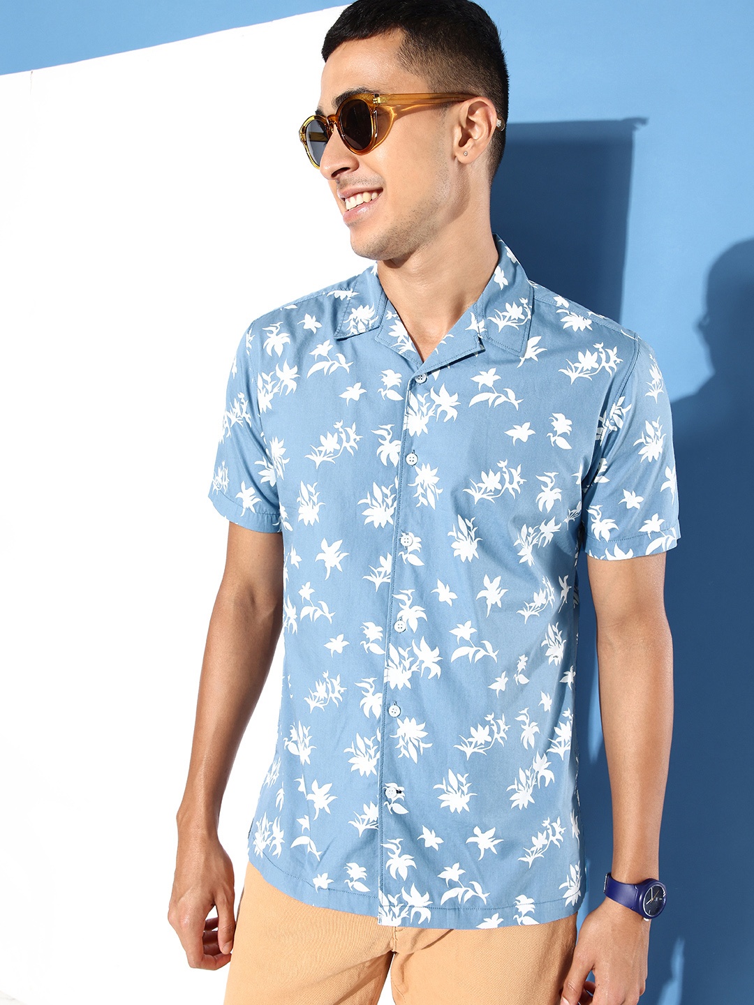 

Mast & Harbour Pure Cotton Floral Printed Cuban Collar Casual Shirt, Blue