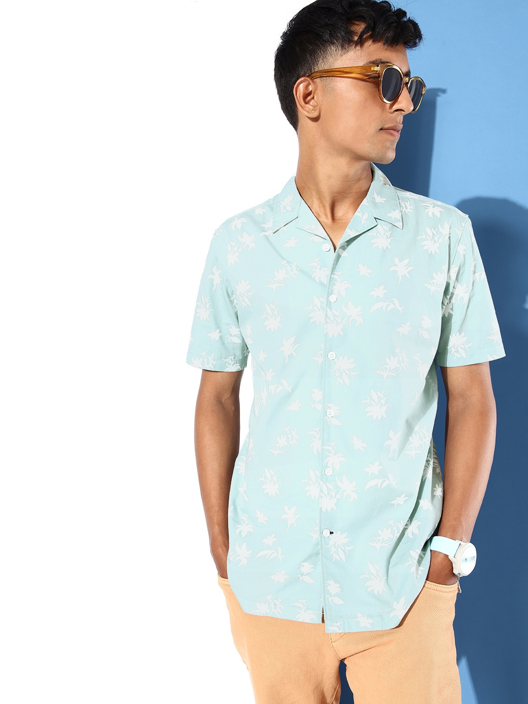 

Mast & Harbour Pure Cotton Floral Printed Cuban Collar Casual Shirt, Blue