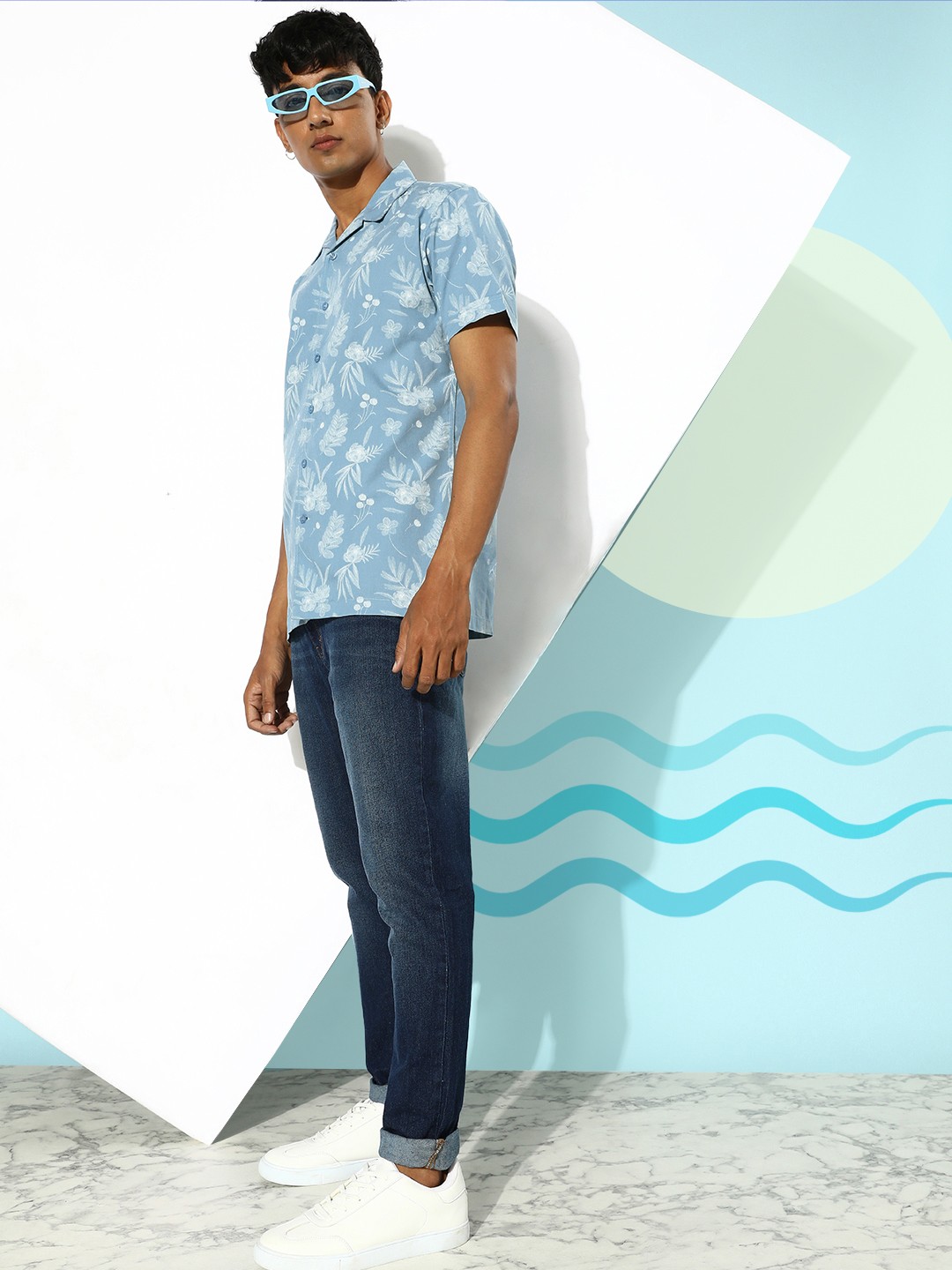 

Mast & Harbour Powder Blue Flower Power Floral Printed Pure Cotton Shirt