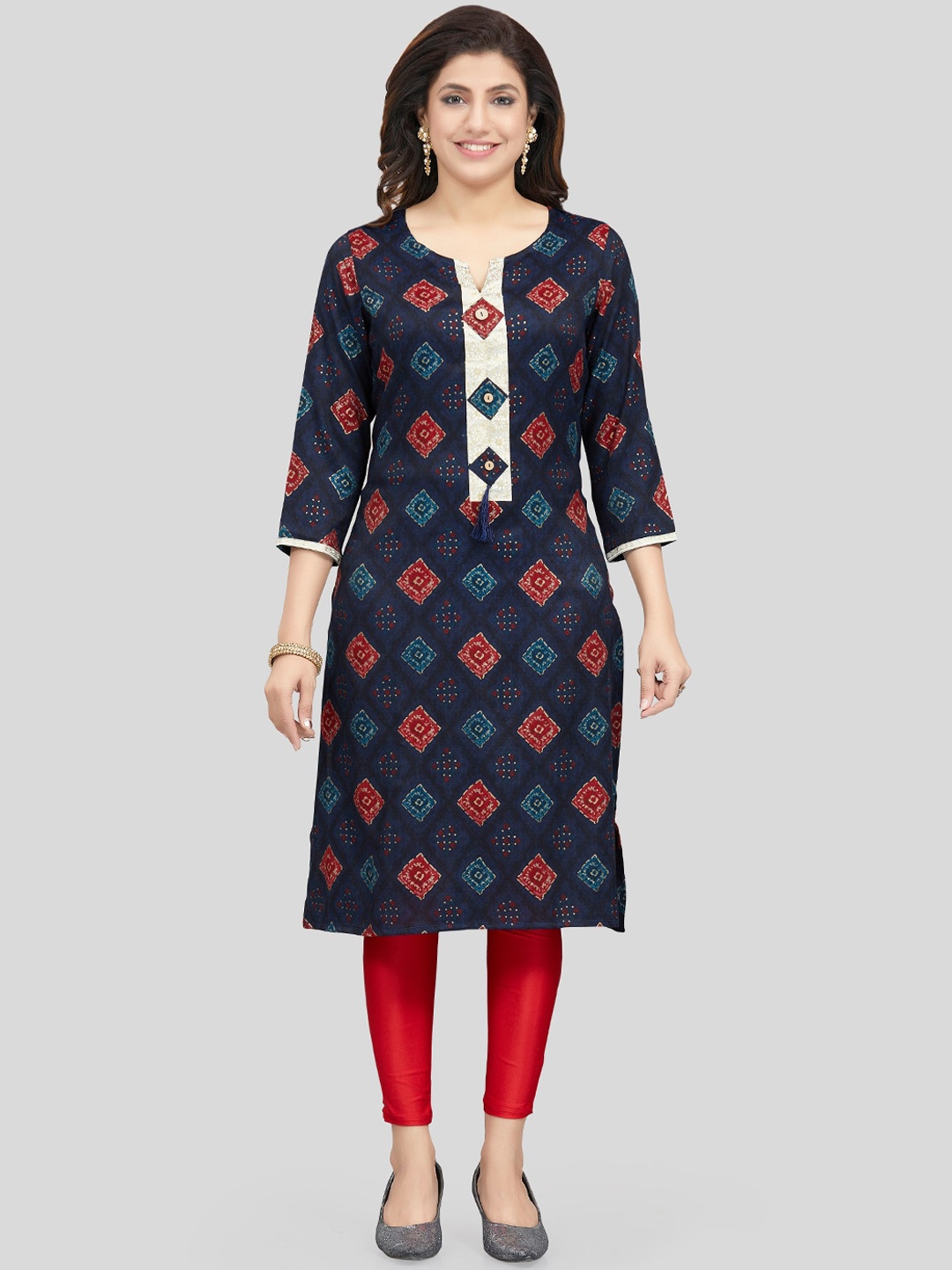 

Saree Swarg Women Geometric Printed Notch Neck Kurta, Navy blue