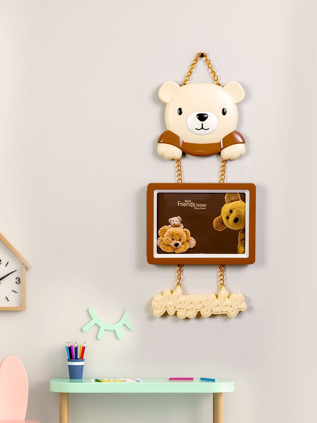 

DREAM WEAVERZ Cream 3 Tier Hanging Teddy Photo frame for Kids Room Wall