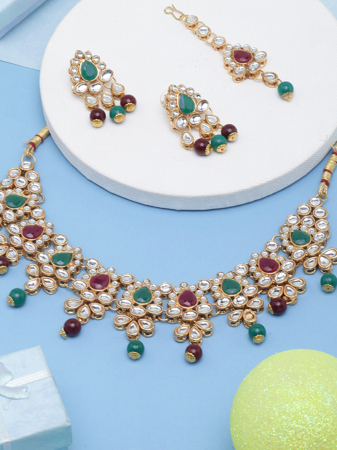 

DIVA WALK Gold Plated Kundan Studded & Pearl Beaded Jewellery Set