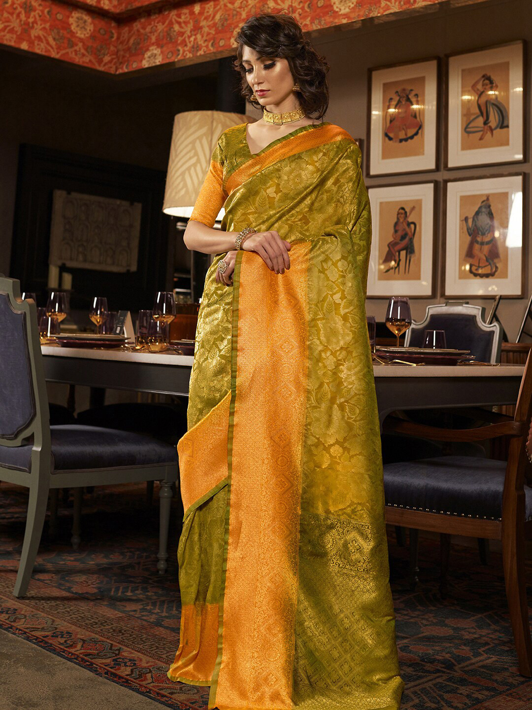 

Mitera Ethnic Motifs Zari Silk Blend Kanjeevaram Saree, Mustard