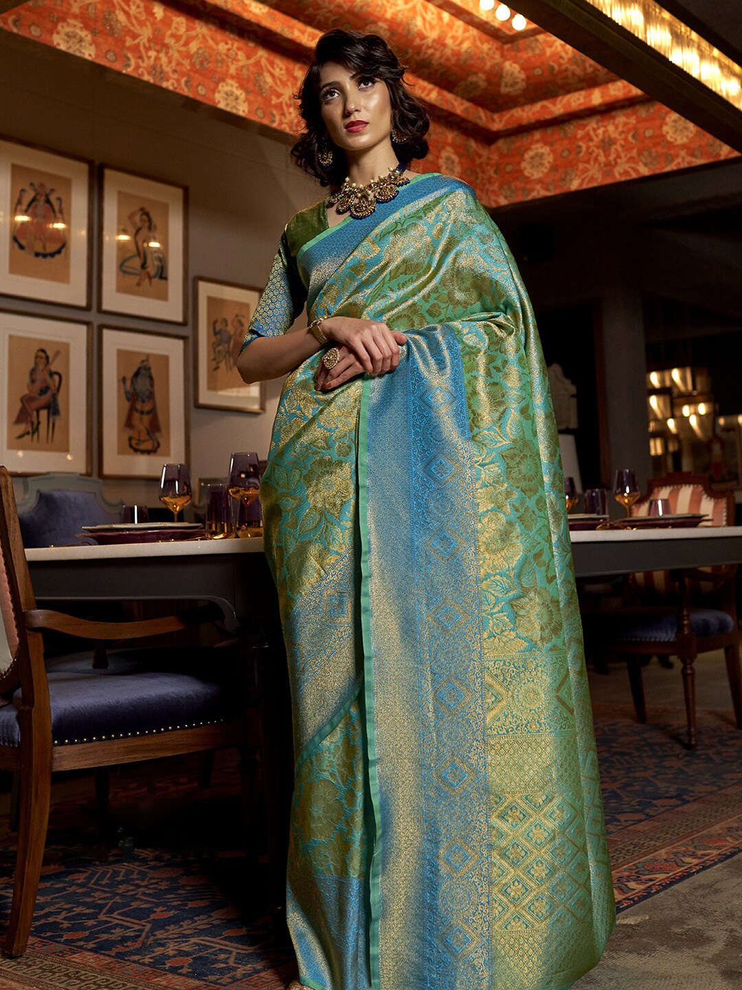 

Mitera Sea Woven Design Zari Silk Blend Kanjeevaram Saree, Sea green