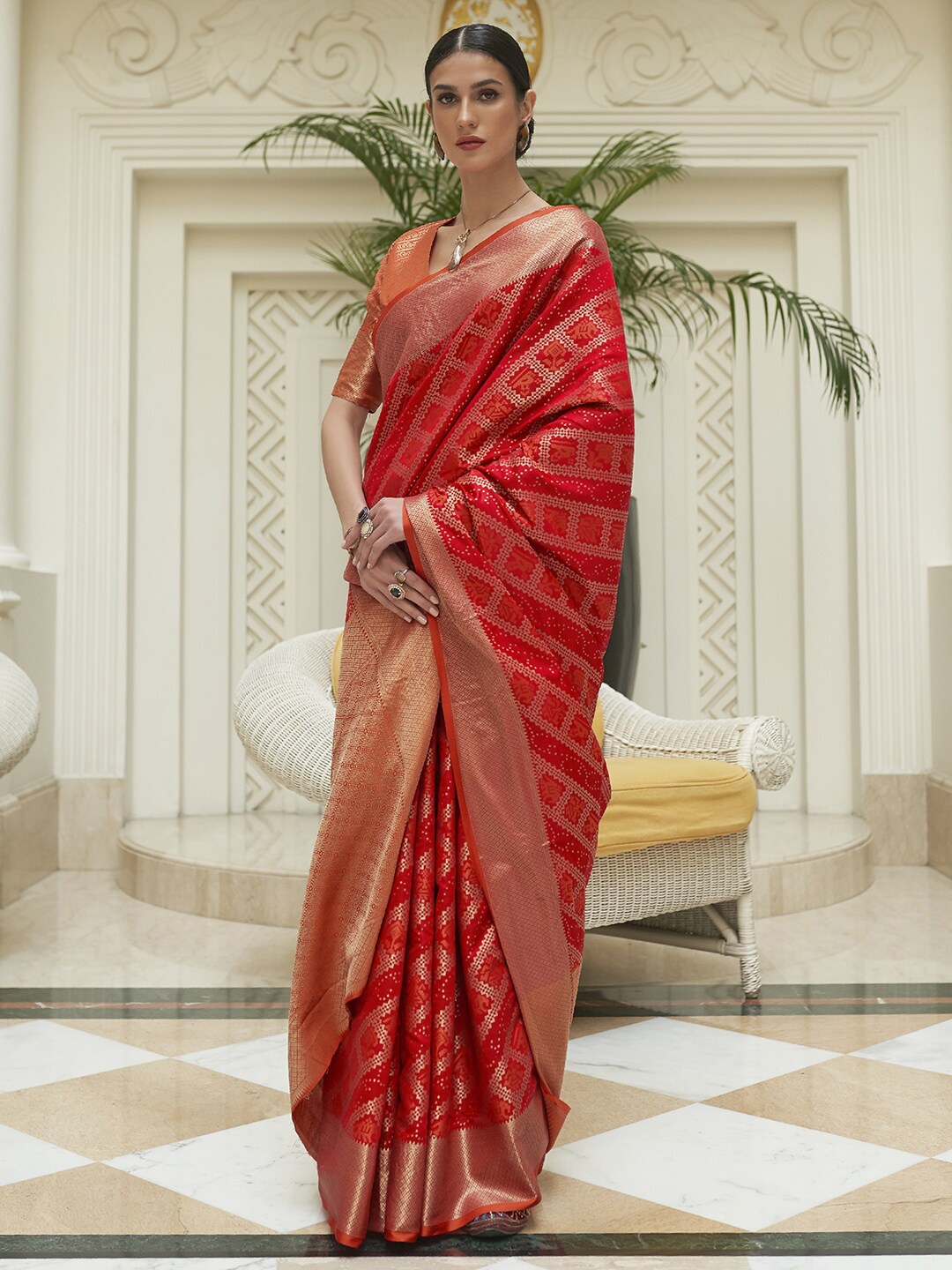 

Mitera Woven Design Zari Silk Blend Patola Saree, Red
