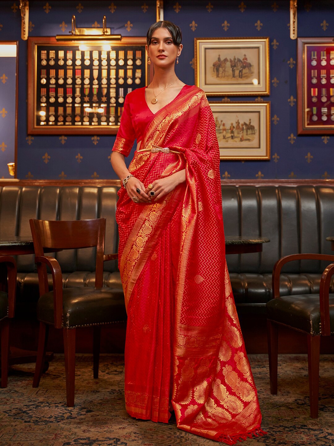

Mitera Woven Design Zari Silk Blend Banarasi Saree, Red