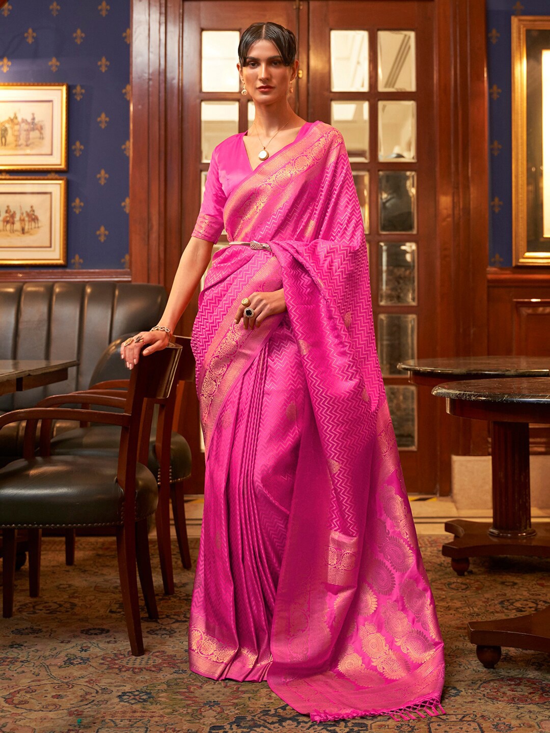 

Mitera Woven Design Zari Silk Blend Banarasi Saree, Pink