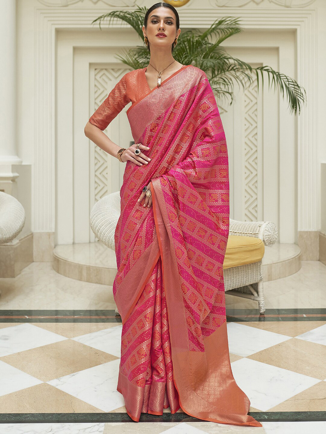 

Mitera Woven Design Zari Silk Blend Patola Saree, Pink
