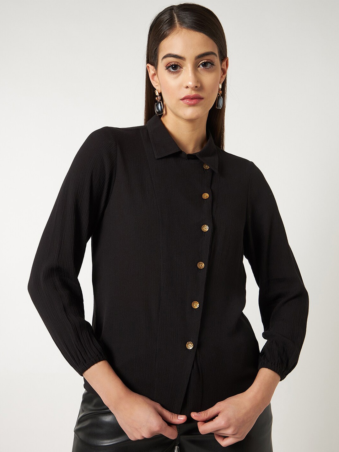 

Zima Leto Stylish Placket Shirt Style Top, Black