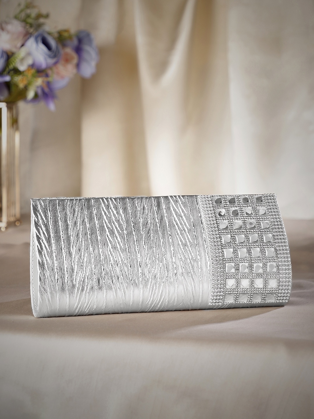 

Rubans Silver-Toned Textured Embellished Purse Clutch