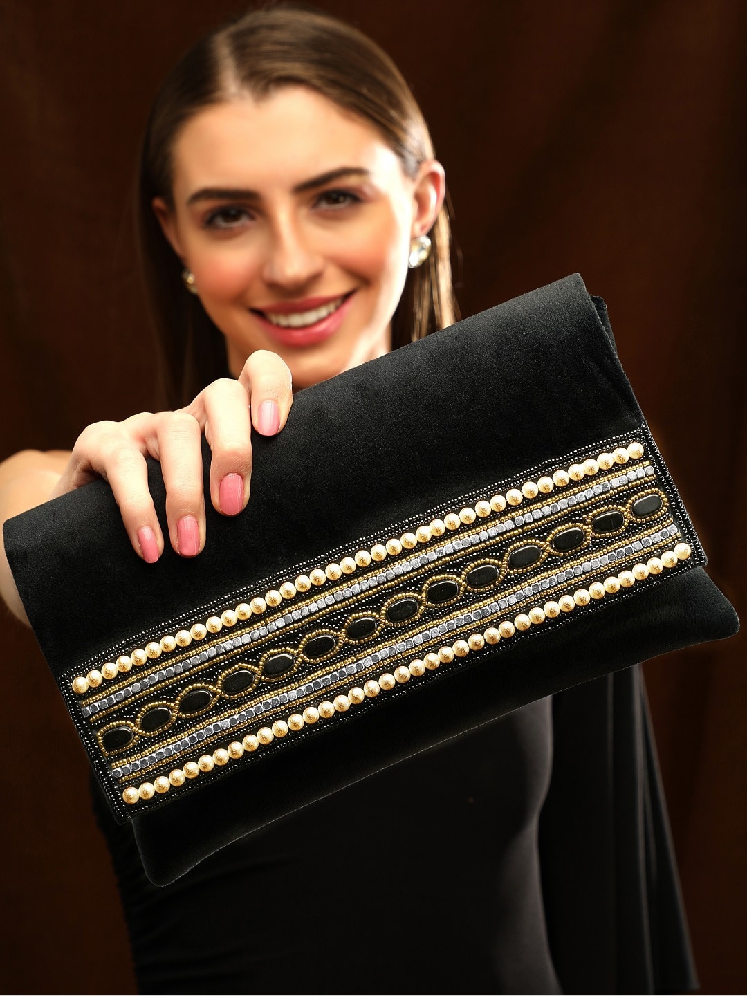 

Rubans Embellished Structured Sling Bag, Black
