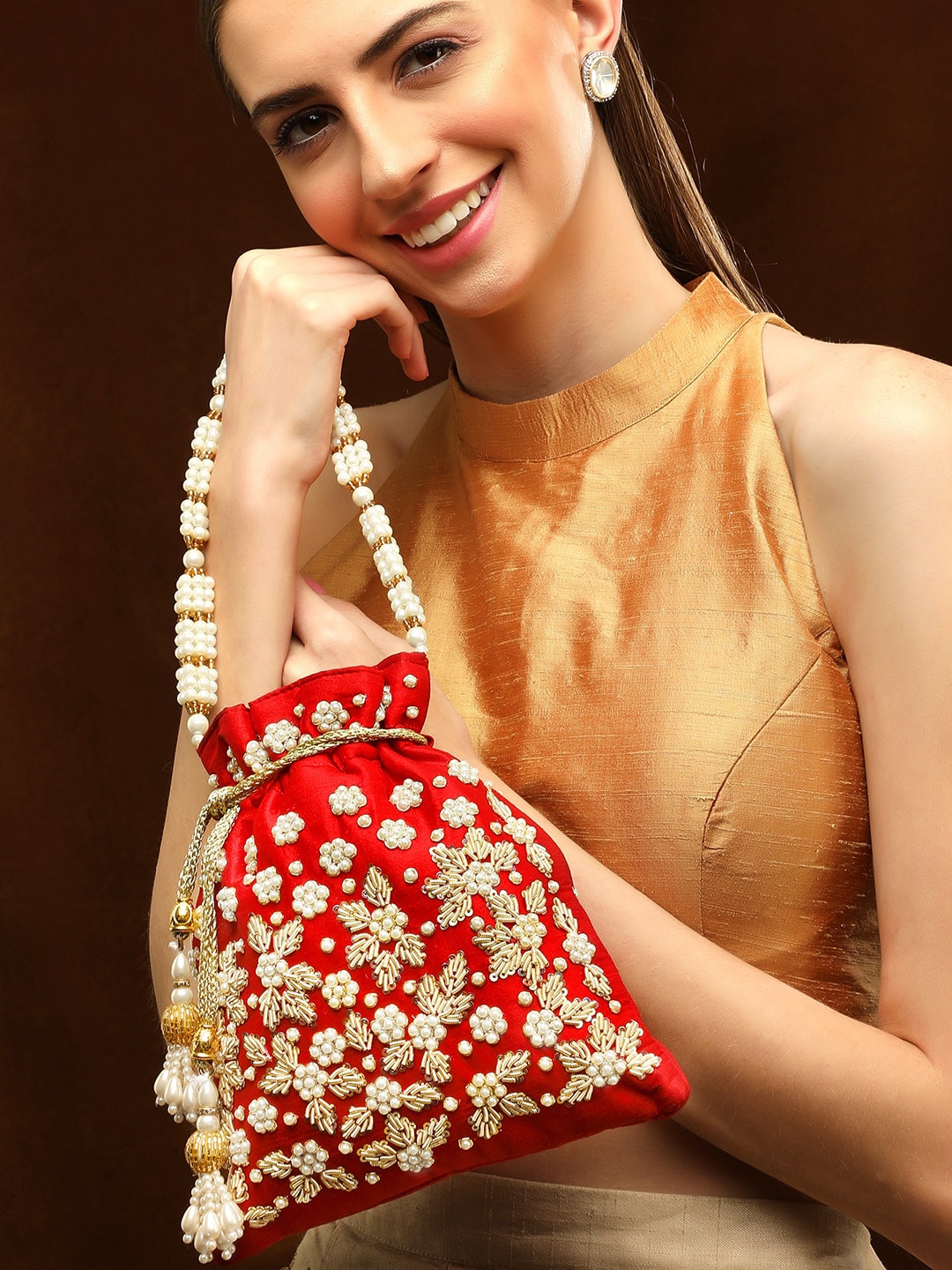 

Rubans Embellished Potli Clutch, Red