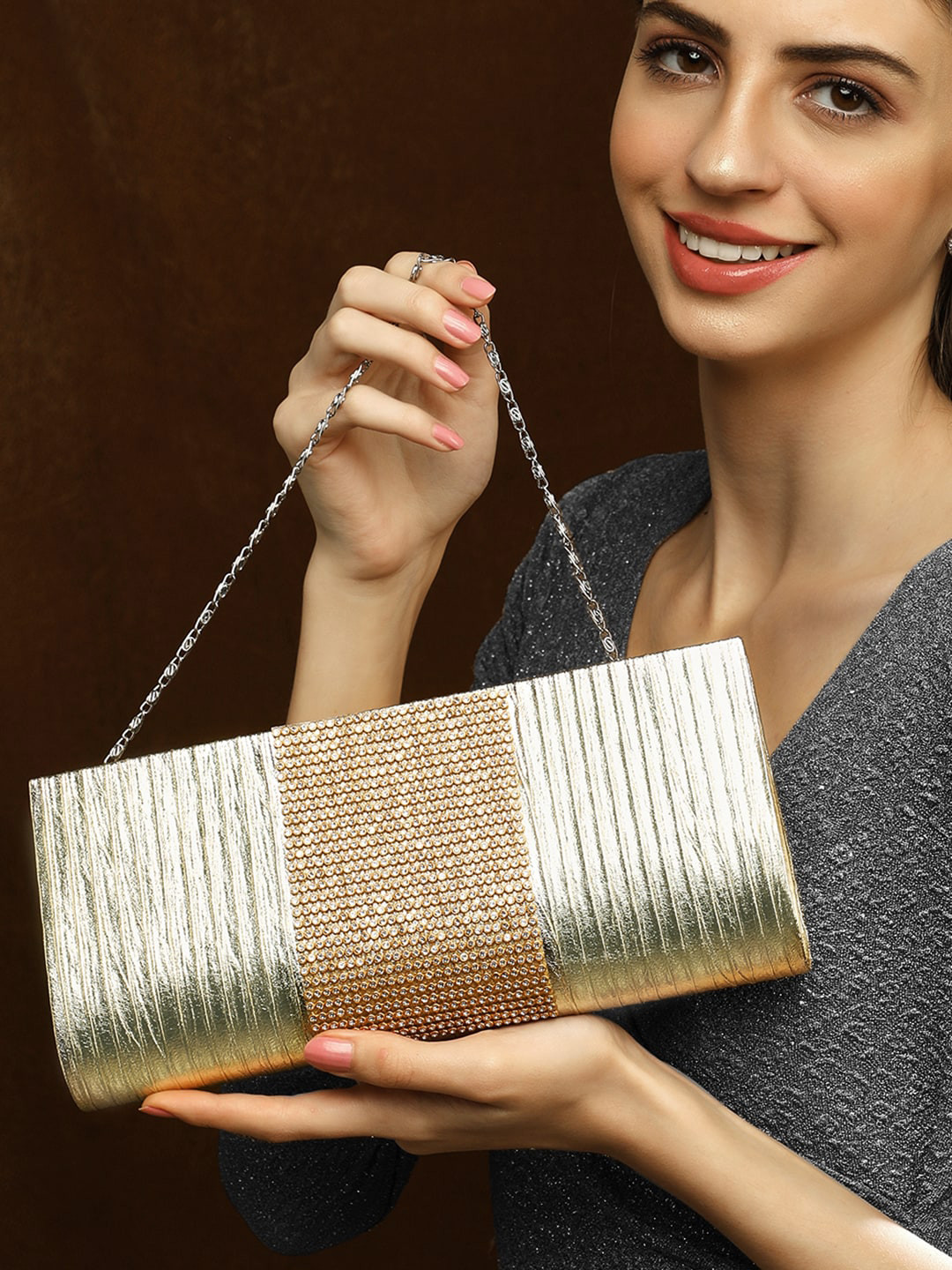 

Rubans Striped Oversized Structured Shoulder Bag Handbags, Gold