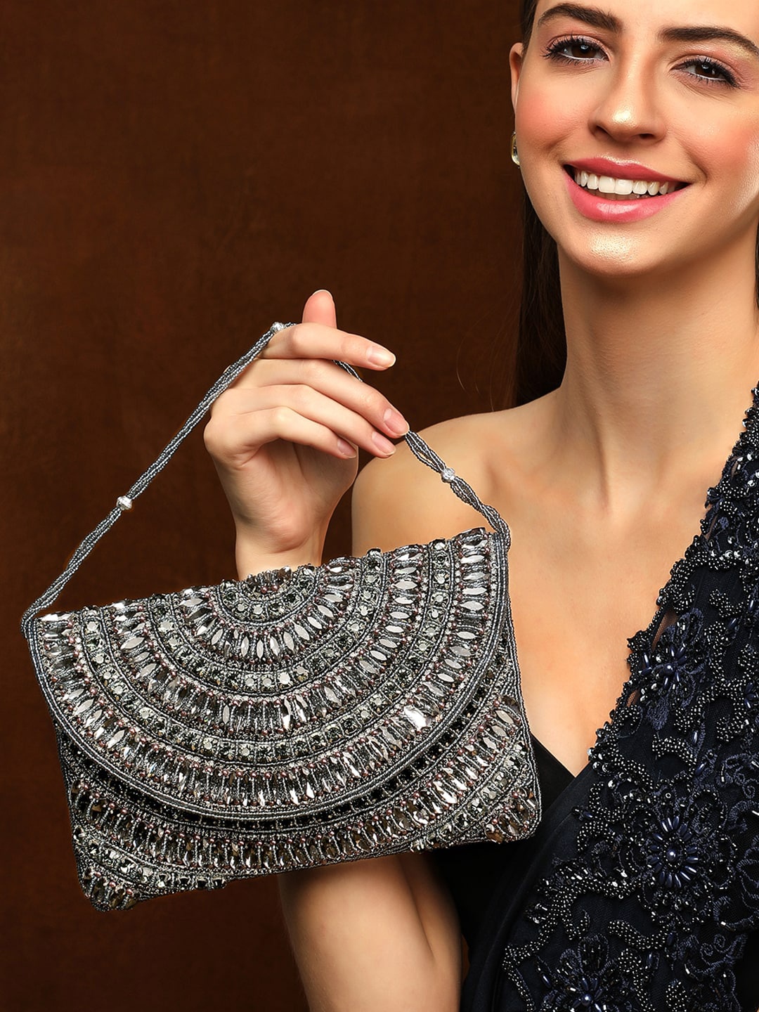 

Rubans Embellished Oversized Structured Handheld Bag, Black