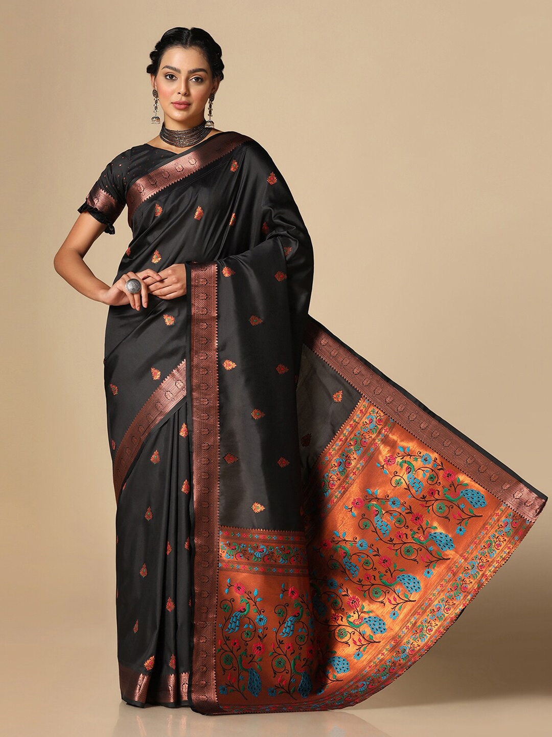 

Satrani Floral Woven Design Zari Paithani Saree, Black