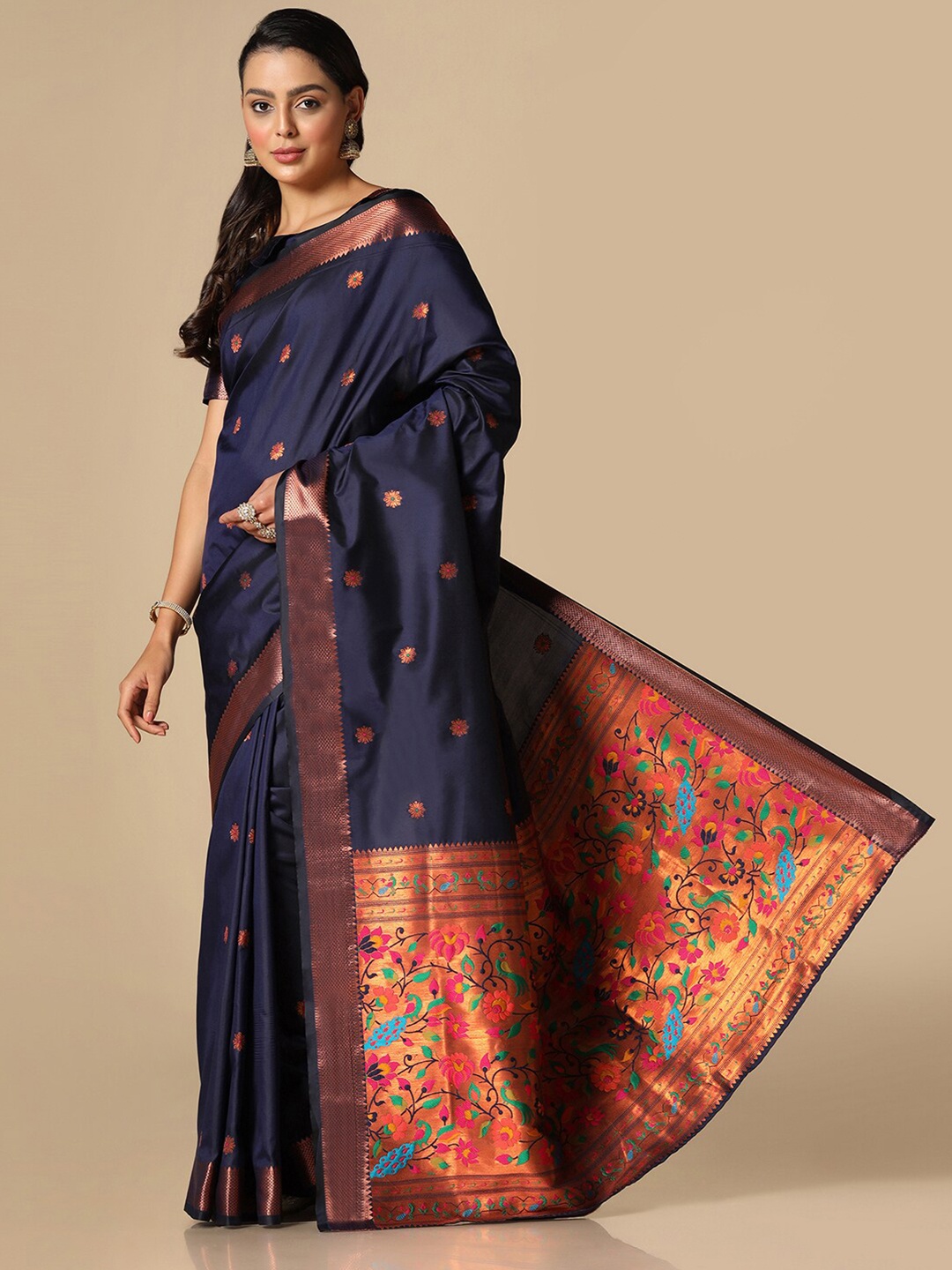 

Satrani Floral Woven Design Zari Paithani Saree, Navy blue
