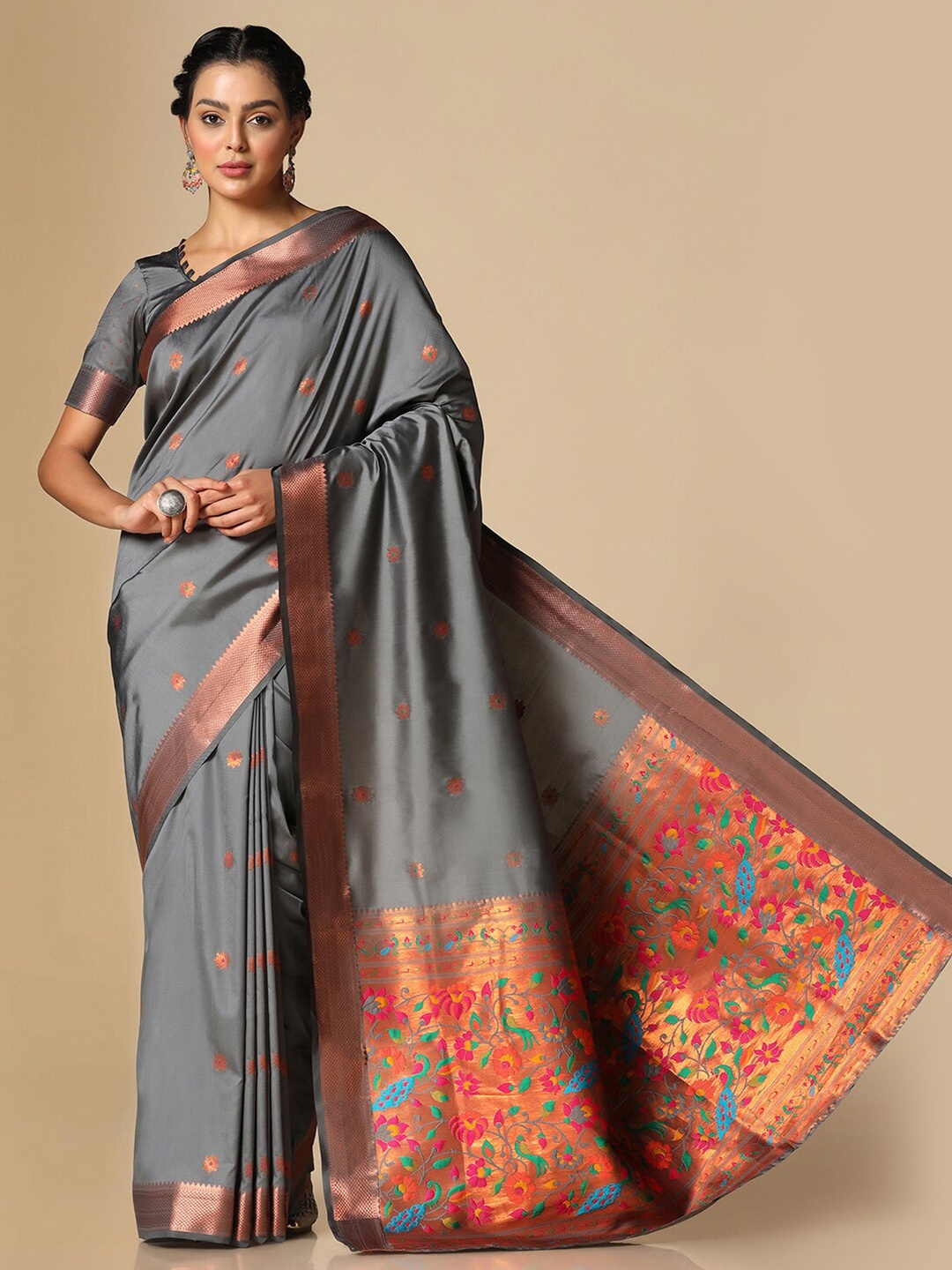 

Satrani Woven Design Zari Silk Blend Paithani Saree, Grey
