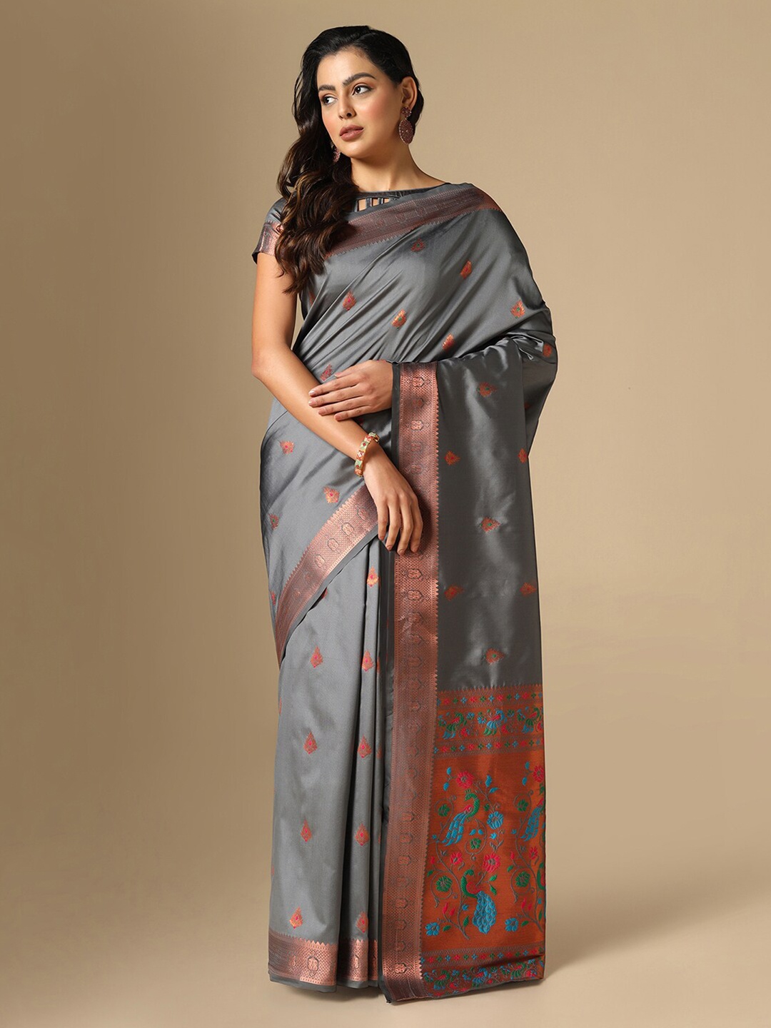 

Satrani Floral Woven Design Zari Paithani Saree, Grey