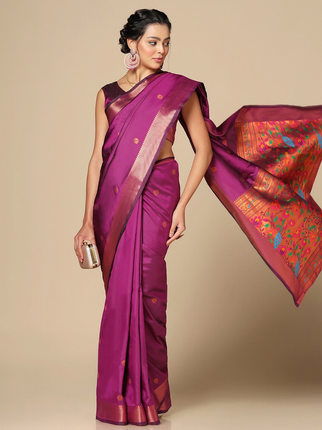 

Satrani Floral Woven Design Zari Paithani Saree, Purple