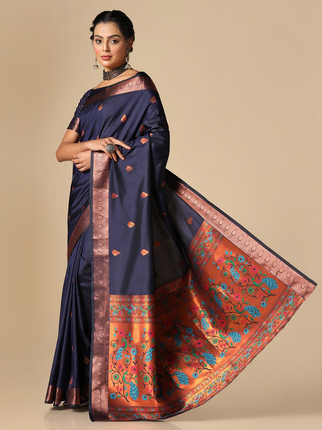 

Satrani Woven Design Zari Silk Blend Paithani Saree, Blue