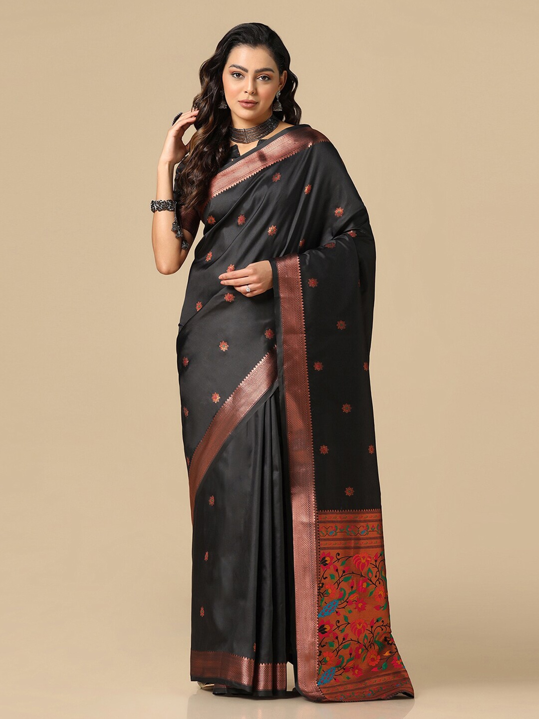 

Satrani Floral Woven Design Zari Paithani Saree, Black