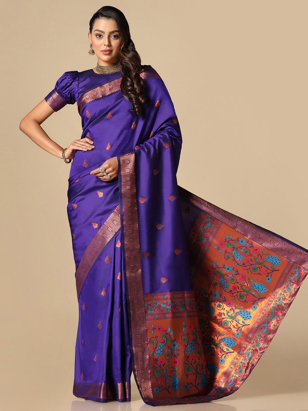 

Satrani Blue & Gold-Toned Woven Design Zari Silk Blend Paithani Saree