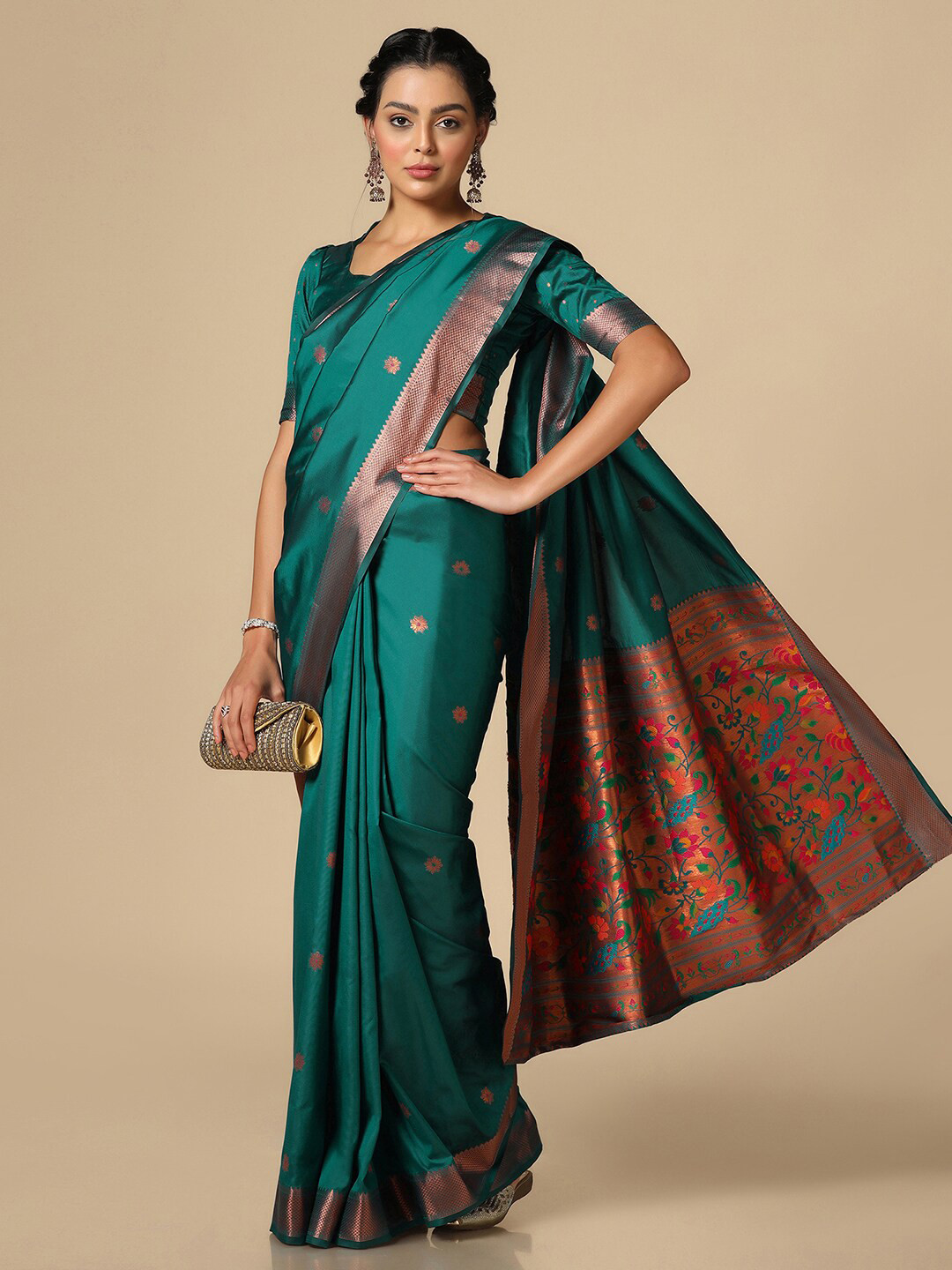 

Satrani Floral Woven Design Zari Paithani Saree, Green