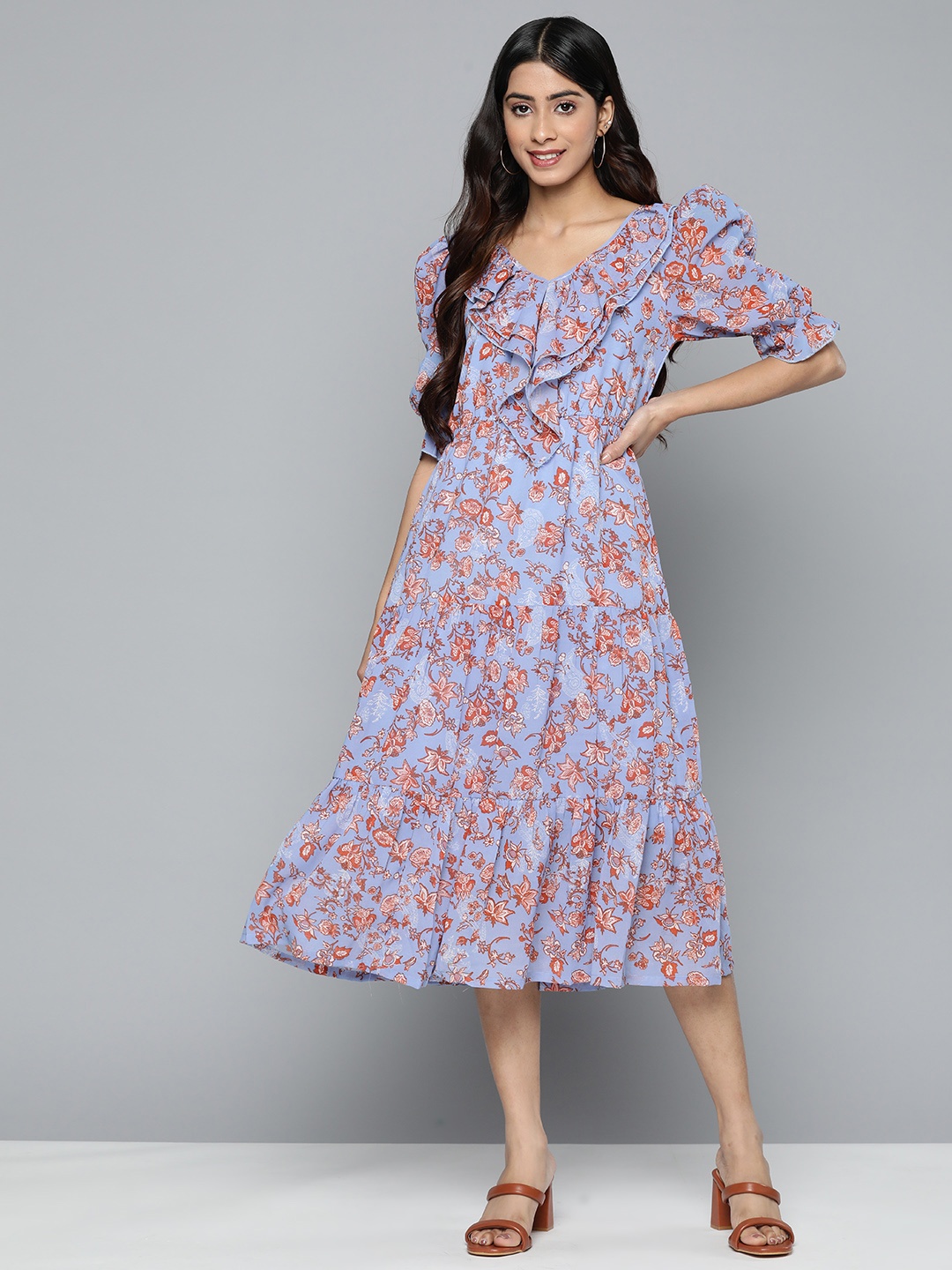 

HERE&NOW Floral Puff Sleeves Tiered Crepe Midi Dress, Blue