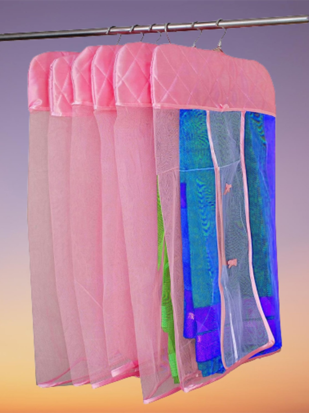 

atorakushon Set Of 12 Pink Checked Net Hanging Saree Covers
