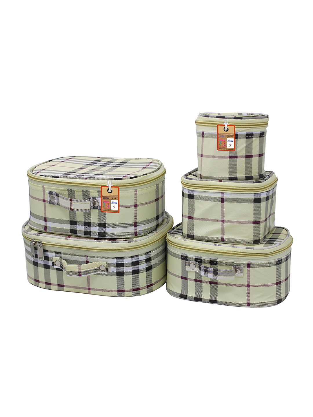 

atorakushon Set Of 5 Cream & Black Checked Vanity Makeup Organizer Pouch