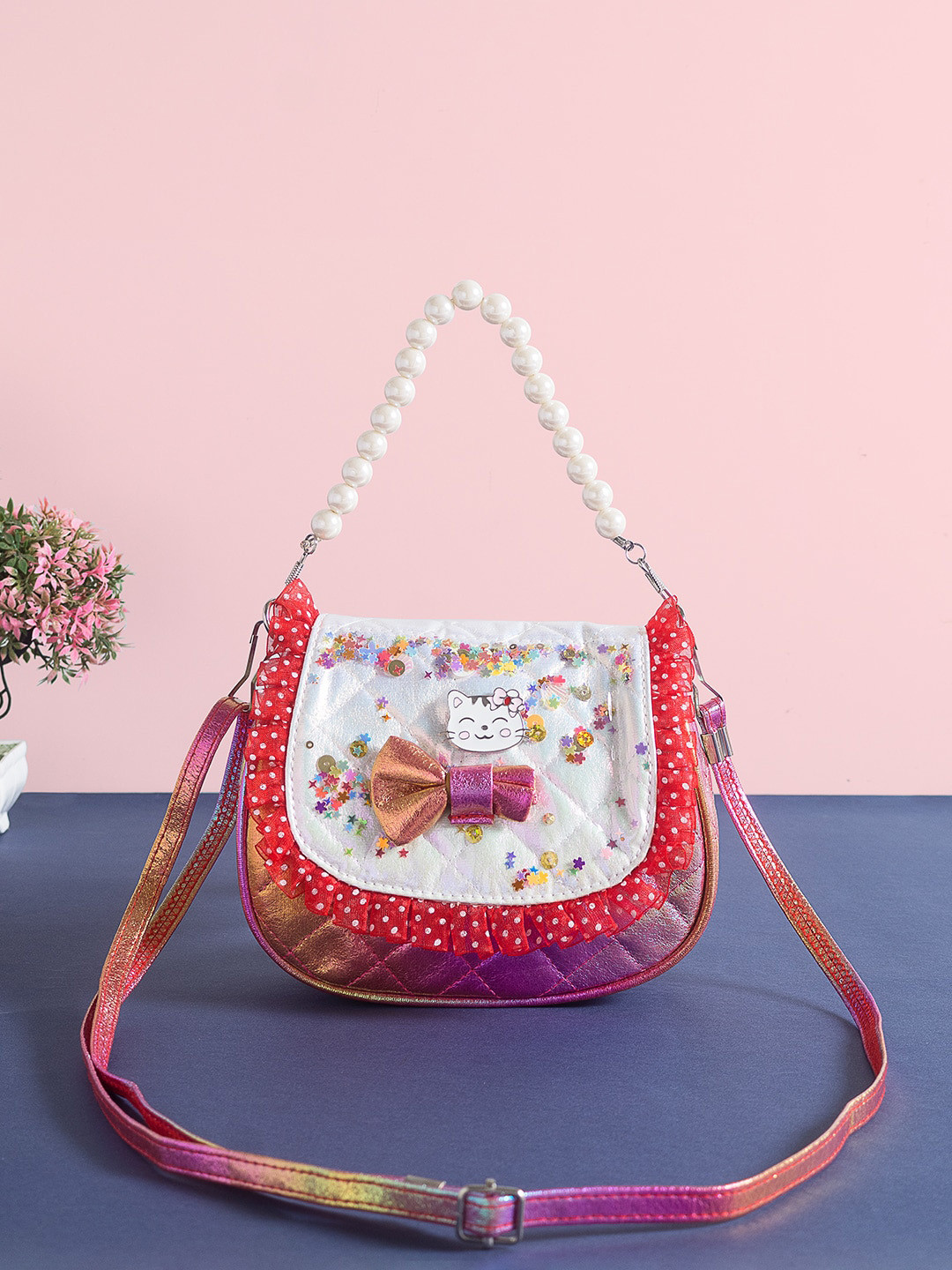 

Golden Peacock Printed Structured Sling Bag With Quilted, Red