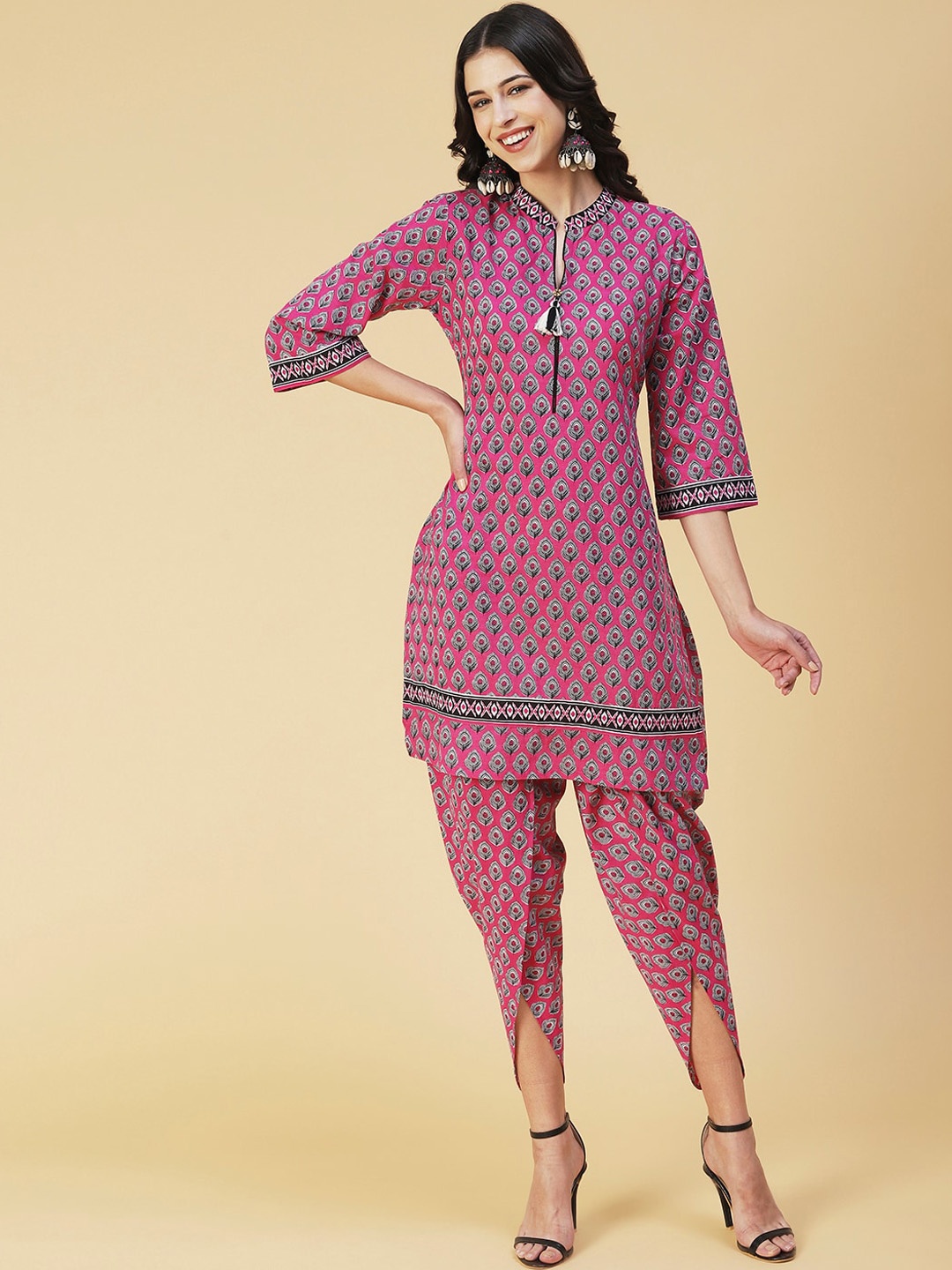 

FASHOR Printed Pure Cotton Kurta with Dhoti Pants, Pink