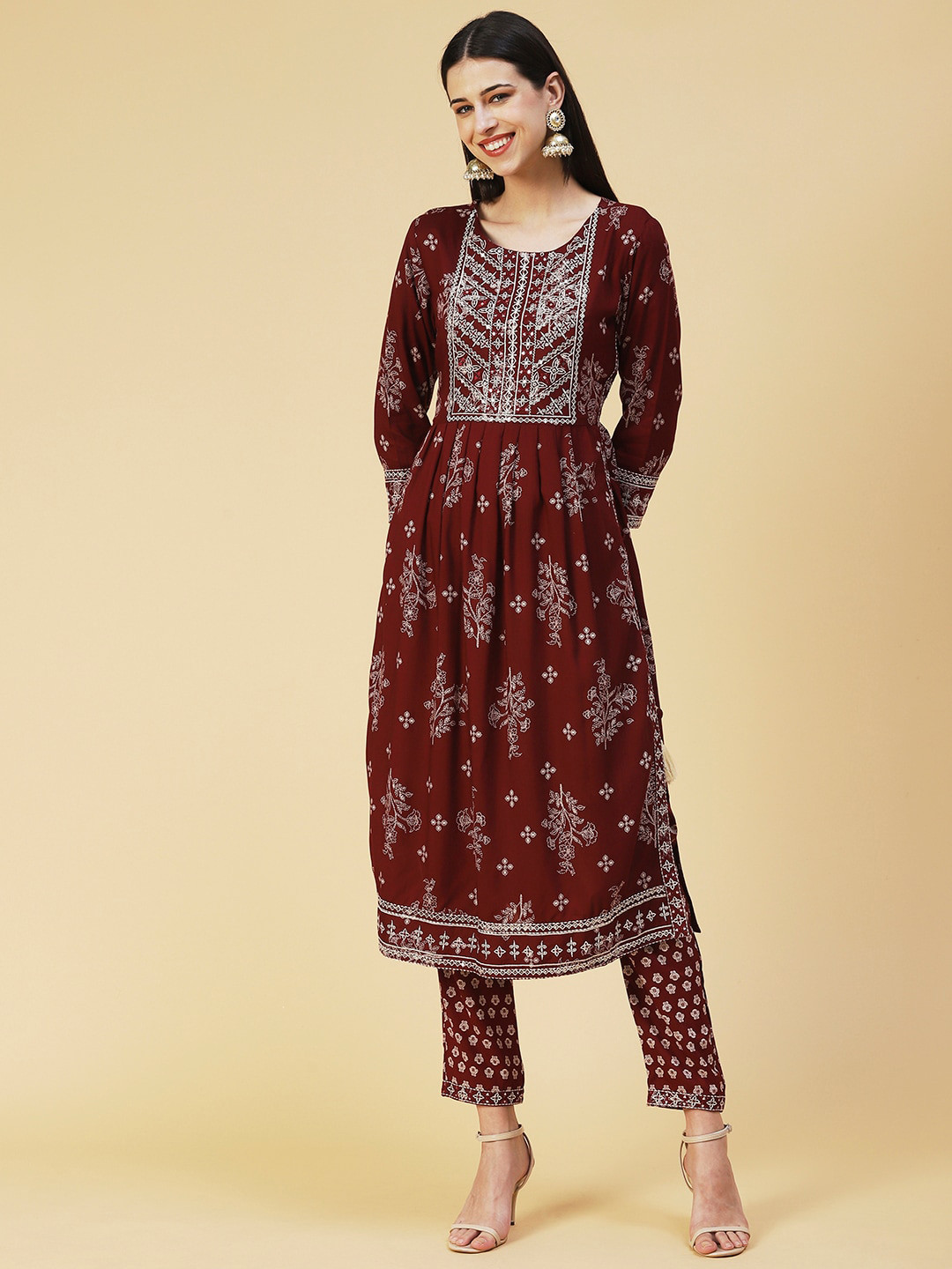 

FASHOR Floral Printed Pleated Mirror Work Kurta with Trousers, Maroon
