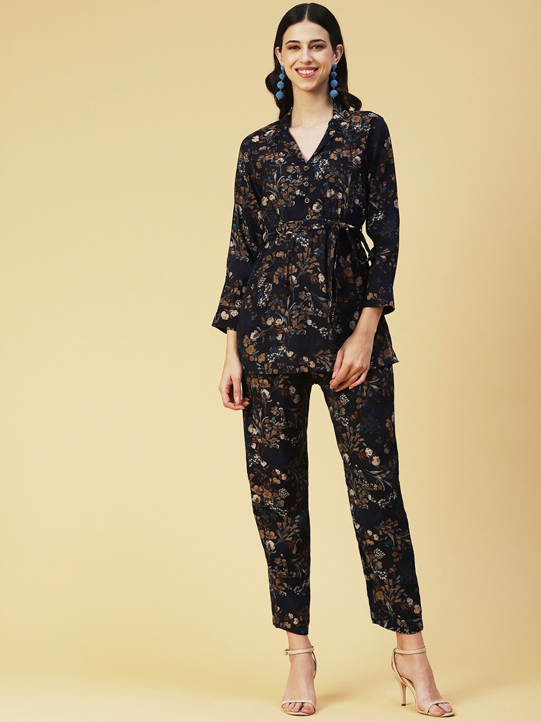 

FASHOR Women Printed Top With Trouser Co-Ords, Navy blue
