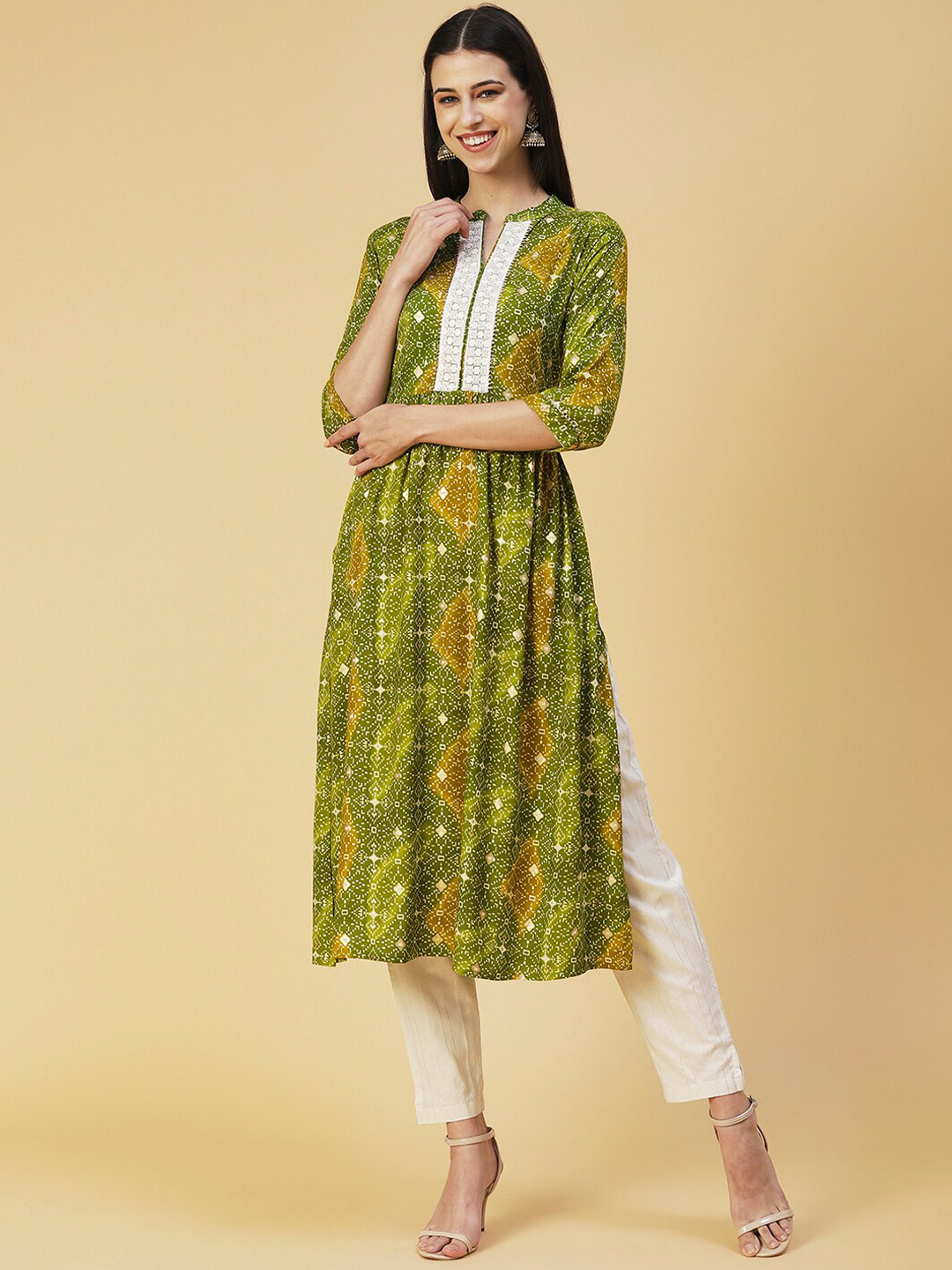 

FASHOR Bandhani Embroidered Pleated Thread Work Pure Cotton Kurta with Trousers, Green