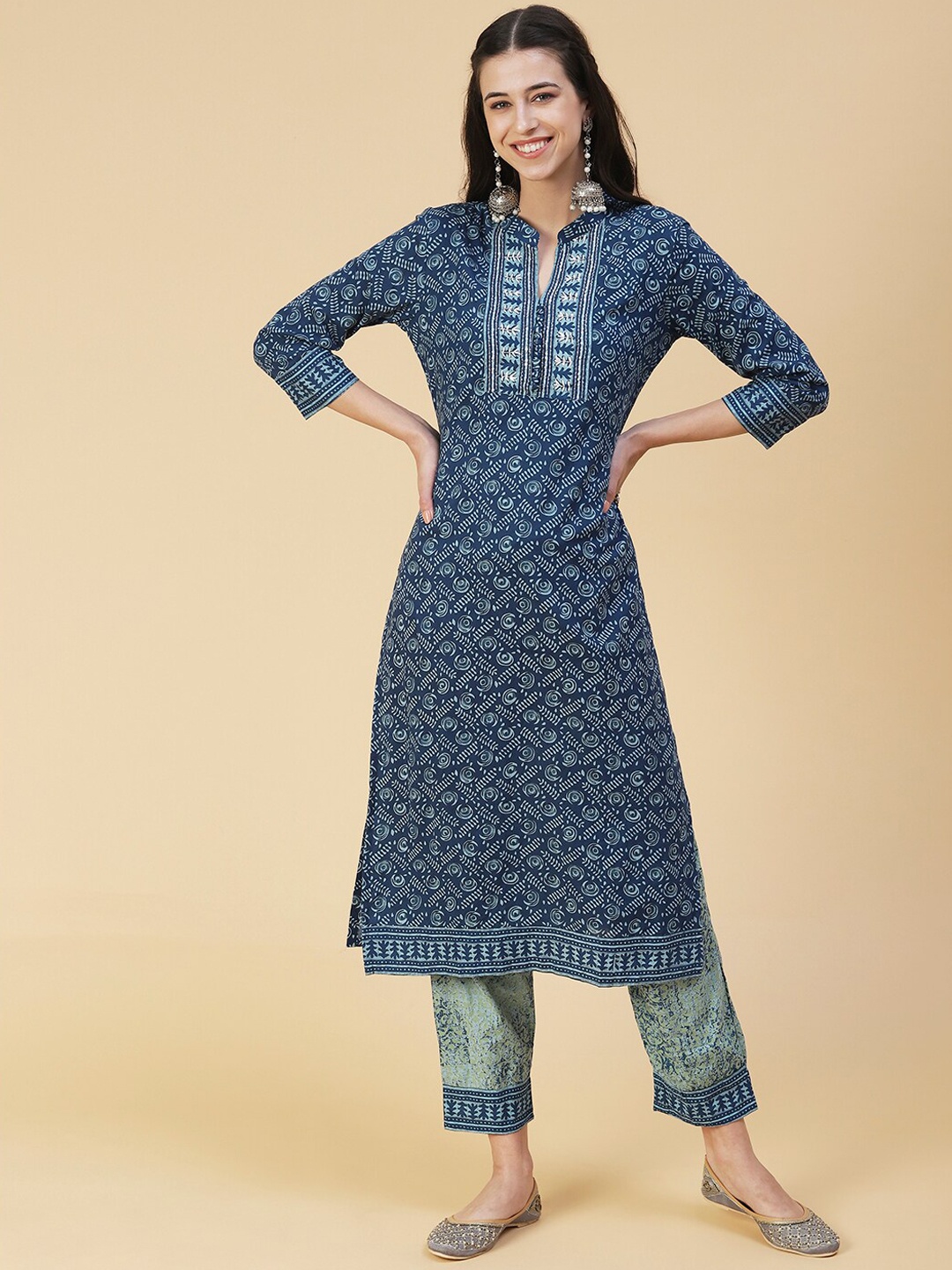 

FASHOR Women Printed Pure Cotton Kurta with Trousers, Blue