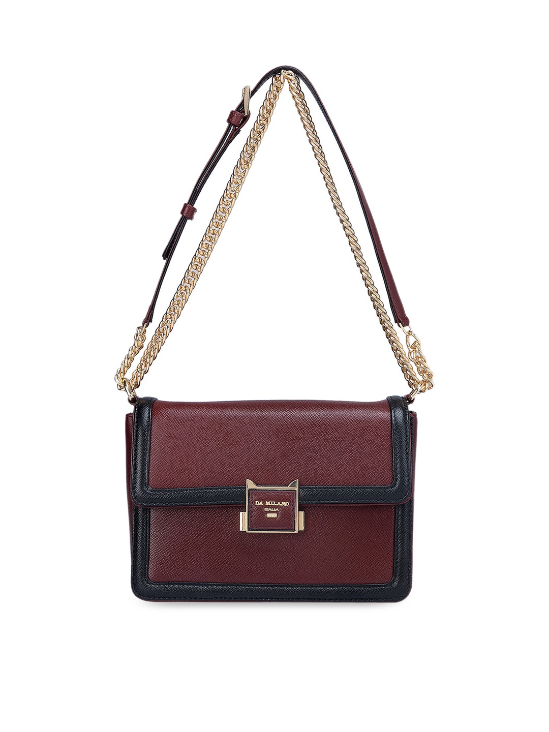 

Da Milano Colourblocked Leather Structured Sling Bag with Applique, Coffee brown