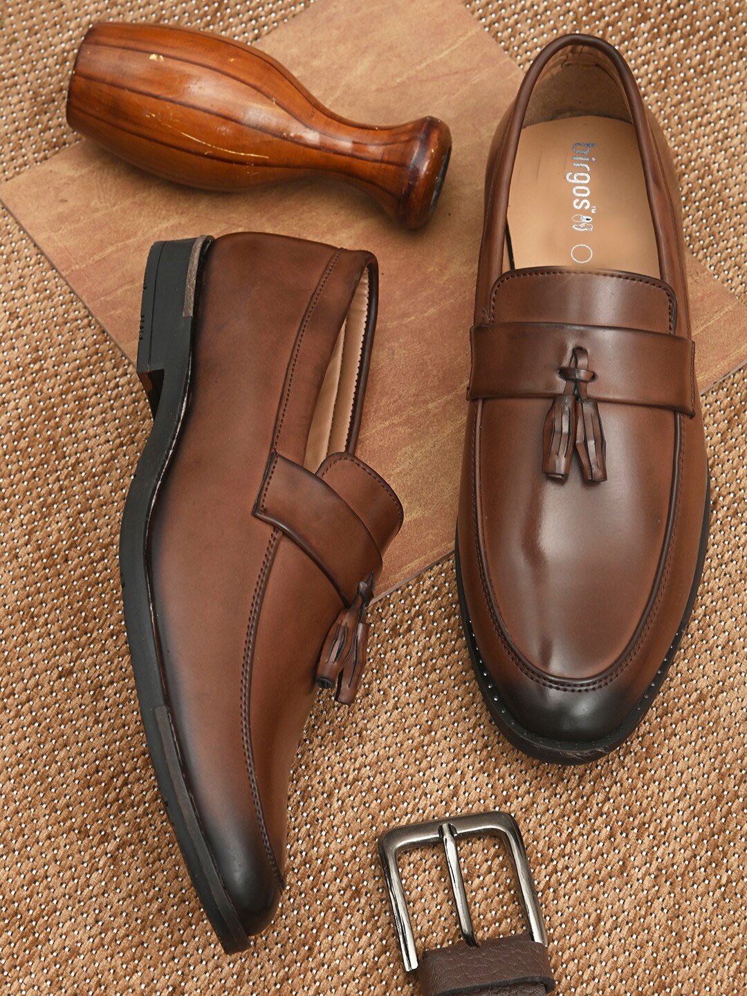 

birgos Men Leather Formal Tassel Loafers, Brown