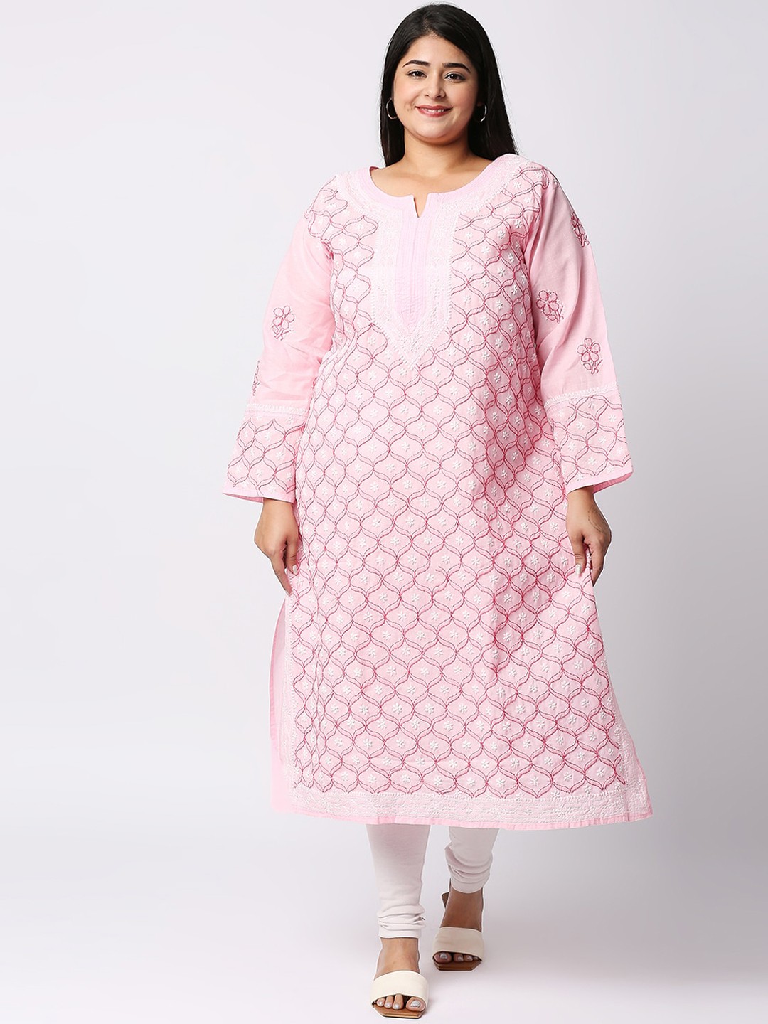 

Indiankala4u Plus Size Ethnic Motifs Embroidered Chikankari Pastels Kurta, Pink
