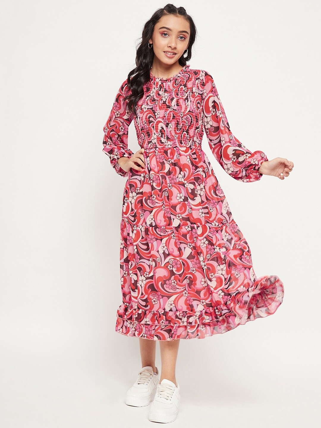 

Antheaa Floral Printed Puff Sleeves Smocked Midi Dress, Pink