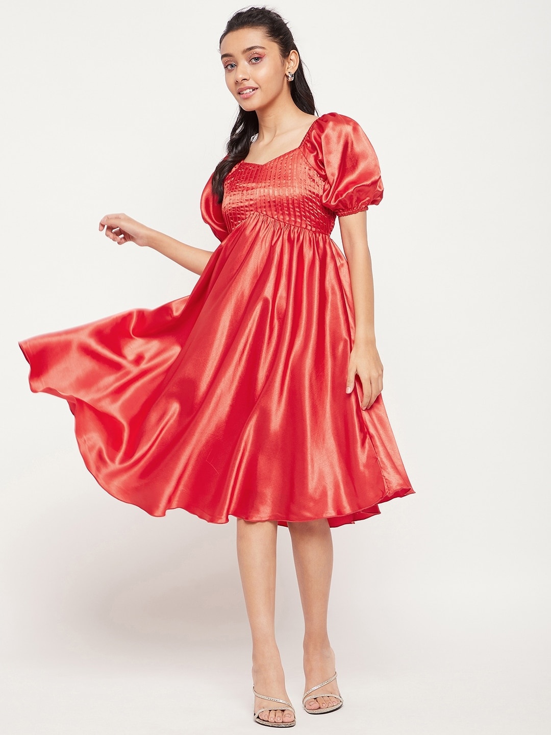 

Antheaa Puff Sleeves Satin Empire Midi Dress, Red