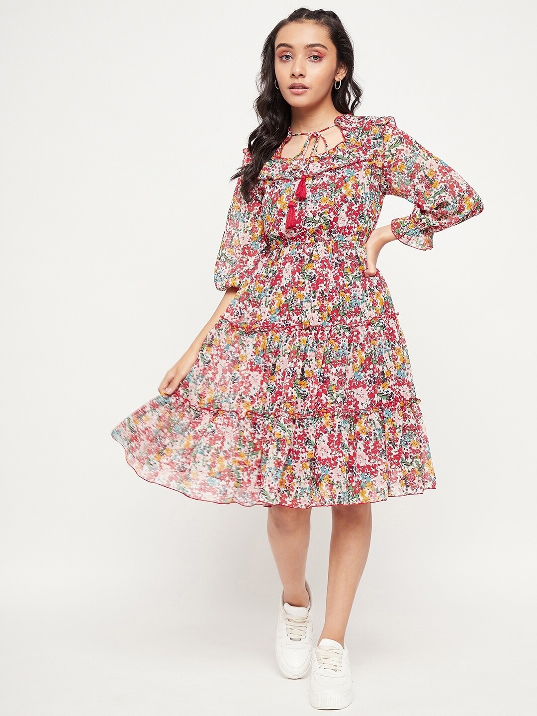 

Antheaa Floral Printed Tie-Up Neck Crepe Dress, Maroon