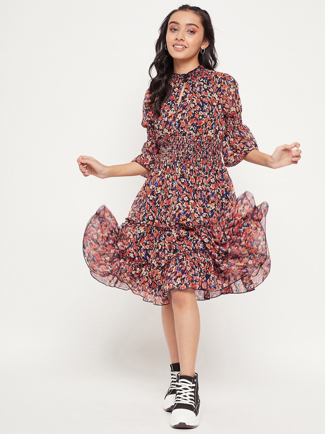 

Antheaa Floral Printed Keyhole Neck Chiffon Dress, Orange