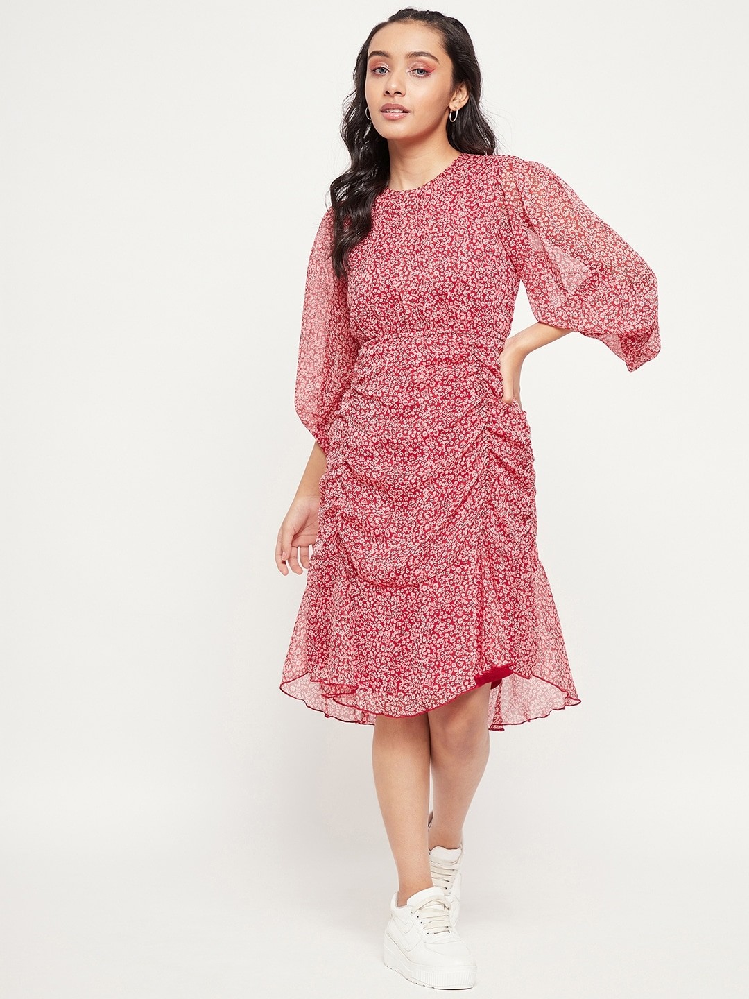 

Antheaa Floral Printed Chiffon A-Line Dress, Red