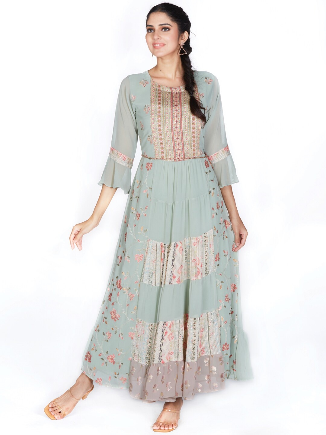 

taruni Floral Printed Bell Sleeves Floral Georgette Anarkali Kurta, Sea green